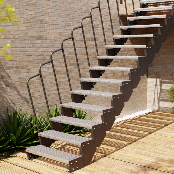Escalier extérieur Astra avec barreaux - dun côte, 51 - 60cm (3 marches), Grillage soudée, galvanisé et peint noir