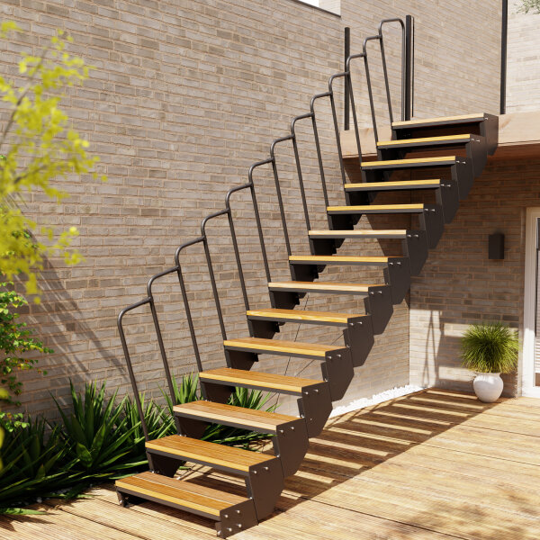 Escalier extérieur Astra avec barreaux - dun côte, 68 - 80cm (4 marches), Mélèze verni, galvanisé et peint noir