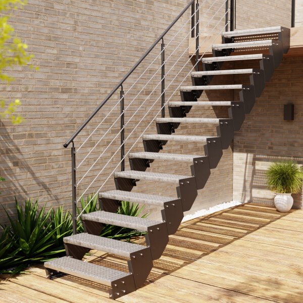 Escalier extérieur Astra avec tubes inox 12mm - dun côte, 85 - 100cm (5 marches), Grillage soudée, galvanisé et peint noir