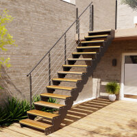 Escalier extérieur Astra avec tubes inox 12mm - dun côte, 34 - 40cm (2 marches), Mélèze brut, galvanisé et peint noir