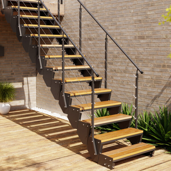 Escalier extérieur Astra avec cables Inox 4mm - des deux côtes, 51 - 60cm (3 marches), Mélèze brut, galvanisé et peint noir