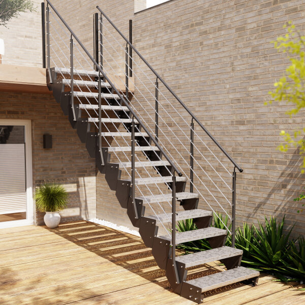 Escalier extérieur Astra avec tubes inox 12mm - des deux côtes, 51 - 60cm (3 marches), grille profilée, galvanisé et peint noir