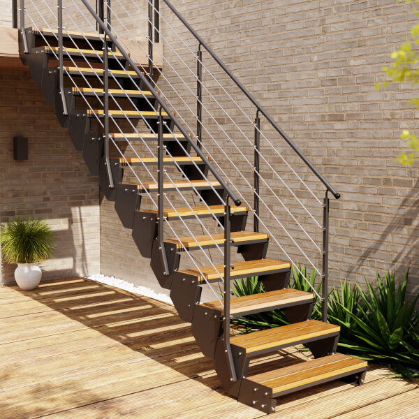 Escalier extérieur Astra avec tubes inox 12mm - des deux côtes, 34 - 40cm (2 marches), Mélèze brut, galvanisé et peint noir