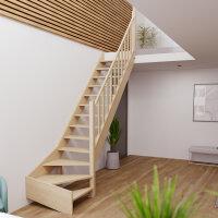 Escalier en bois Monti 1/4 tournant avec rampe- 52cm, tournant à droite, épicéa massif, sans contremarches, - 280cm (13 marches)
