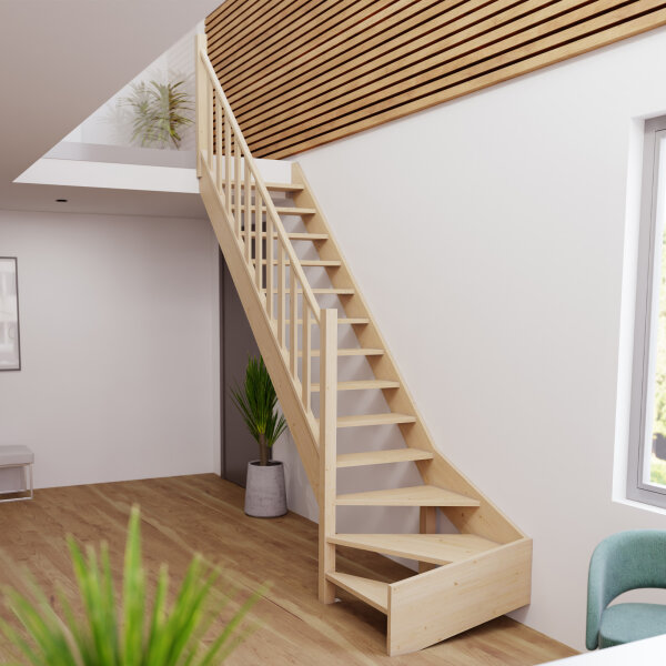 Escalier en bois Monti 1/4 tournant avec rampe- 74cm, tournant à gauche, épicéa massif, sans contremarches, - 300cm (13 marches + socle)