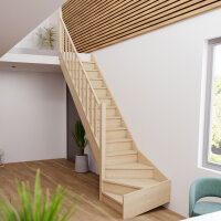 Escalier en bois Monti 1/4 tournant avec rampe- 74cm, tournant à gauche, épicéa massif, avec contremarches, - 300cm (13 marches + socle)