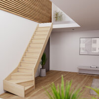 Escalier en bois Monti 1/4 tournant sans rampe- 74cm, tournant à droite, épicéa massif, avec contremarches, - 300cm (13 marches + socle)