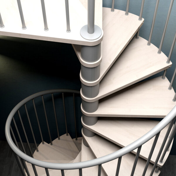 Escalier colimaçon C20 - 140cm, 168 - 184cm (7 marches + palier), peint blanc, nature, main courante en pvc