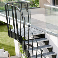 Escalier extérieur Astra avec palier et rampe: barreaux , 68 - 80cm (4 marches + palier), 2 supports muraux, grillage soudée