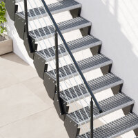 Escalier extérieur Astra avec palier et rampe:  Ø 12mm Tube, 51 - 60cm (3 marches + palier), 2 supports muraux, grillage soudée