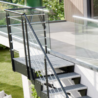 Escalier extérieur Astra avec palier et rampe:  Ø 12mm Tube, 51 - 60cm (3 marches + palier), 2 supports muraux, grillage soudée