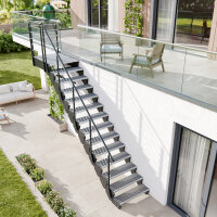 Escalier extérieur Astra avec palier et rampe:  Ø 12mm Tube, 85 - 100cm (5 marches + palier), 2 supports muraux, grillage soudée