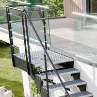 Escalier extérieur Astra avec palier et rampe:  Ø 4 mm cables, 68 - 80cm (4 marches + palier), 2 supports muraux, grillage soudée