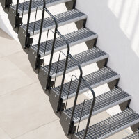 Escalier extérieur Astra avec palier et rampe: barreaux  avec remplissage, 68 - 80cm (4 marches + palier), 2 supports muraux, grillage soudée