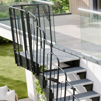 Escalier extérieur Astra avec palier et rampe: barreaux  avec remplissage, 68 - 80cm (4 marches + palier), 2 supports muraux, grillage soudée
