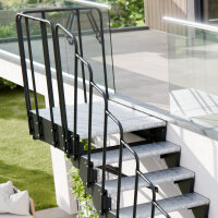 Escalier extérieur Astra avec palier et rampe: barreaux , 51 - 60cm (3 marches + palier), 2 supports muraux, grille profilée
