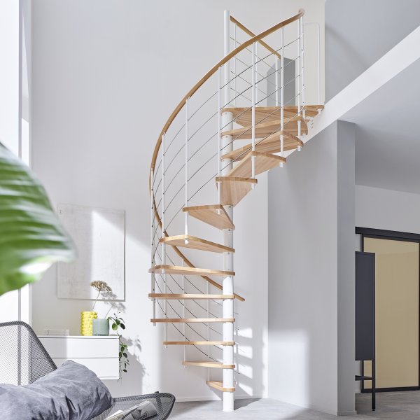 Escalier en colimaçon Caparo- 120cm, Polar-White (blanc), Hêtre clair (nature),  - 305,5cm (12 marches + palier)