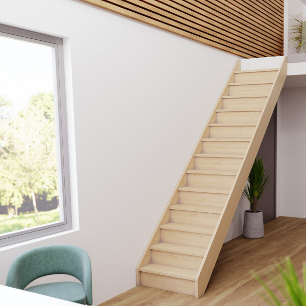 Escalier en bois Monti sans rampe- 52cm, épicéa massif, avec contremarches, - 300cm (13 marches + socle)