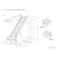 Escalier en bois Casablanca 1/4 tournant avec rampe- 52cm, tournant à gauche, épicéa massif, avec contremarches, - 280cm (13 marches)